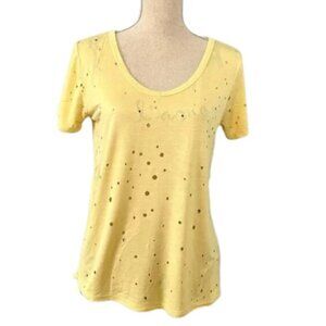 See You Monday Distressed Cut-Out V-Neck T-Shirt Yellow Women's Size M